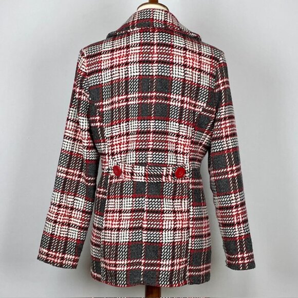 Rue21 Plaid Double Breasted Pea Coat Sz L Gray Red White Preppy Nautical Classic - Picture 4 of 7